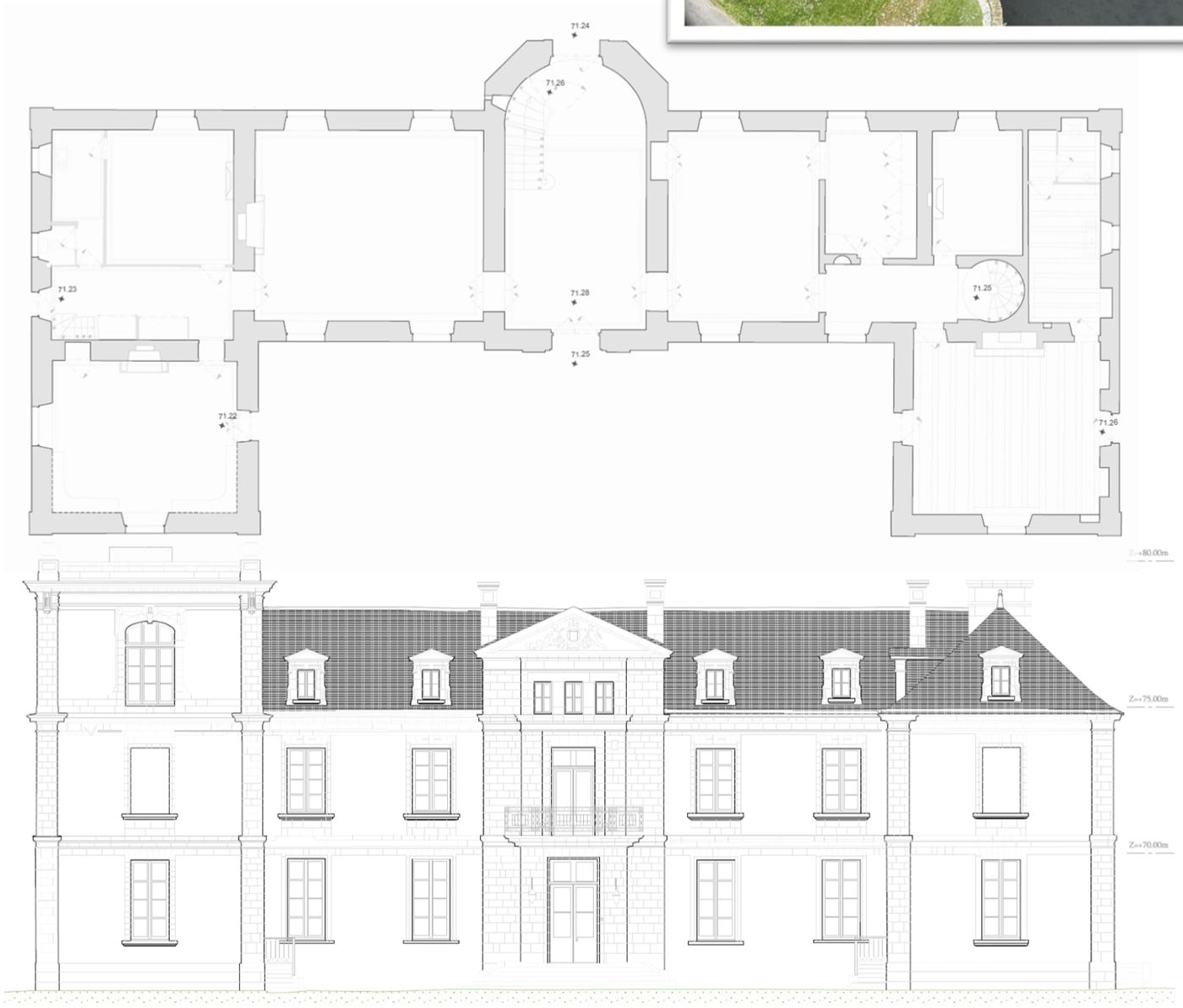 Plan de niveau et élévation dessinés en DAO du château de la Berrière