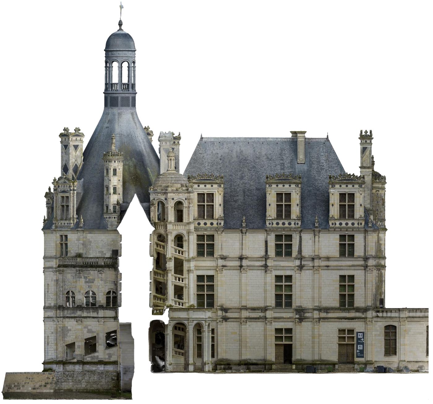 Ortho-image de l'aile François Ier du château de Chambord avec la lanterne et les souches de cheminées